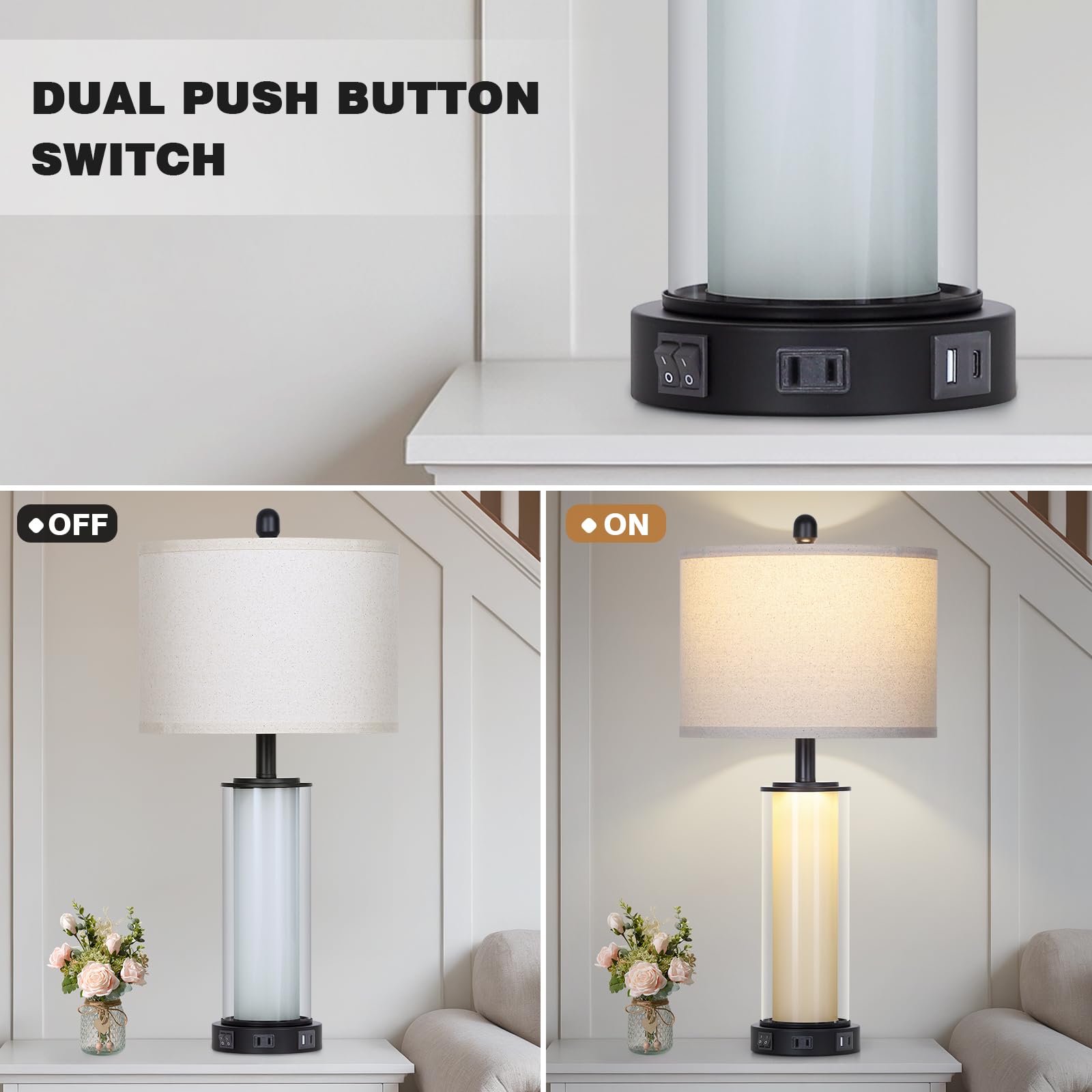 Black Glass Table Lamps Set Of 2, 26'' Living Room Lamp With Built-In Frosted Glass Night Light, Modern Bedroom Lamp With Usb C+