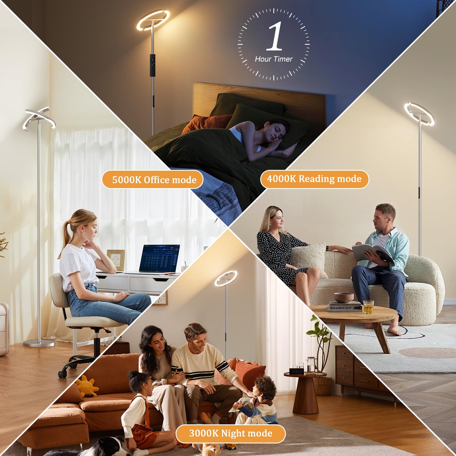 PreeOtti LED Floor Lamp - 73.6" Modern Standing Lamp, 2 Rotatable Lights, Remote & Touch Control, Silver Grey, Model LED2-2
