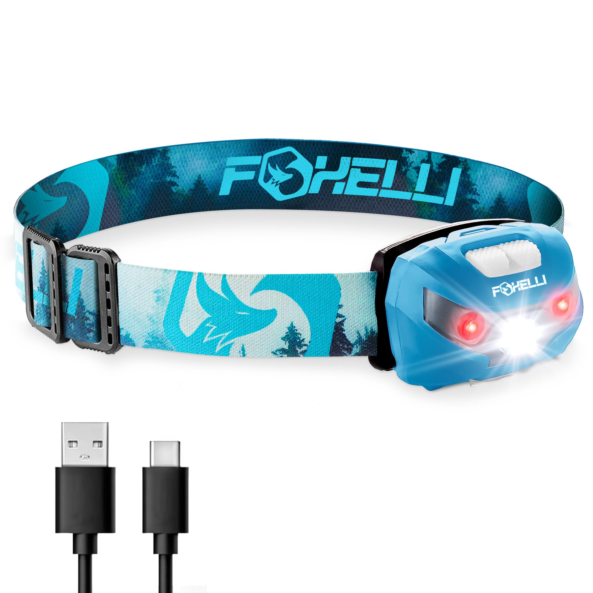 Foxelli Rechargeable LED Headlamp - Super Bright, Lightweight, MX10F Model, Forest Color, Ideal for Running, Camping, and Hiking