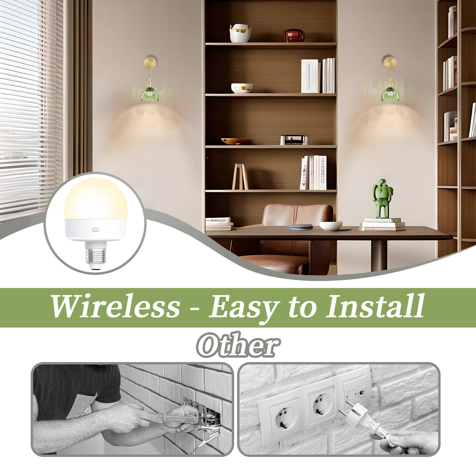 Kavedod Battery Operated Wall Sconces Cct Dimmable Wireless Sconces Set Of 2, Vintage Light Fixture With Green Tulip Glass Lamps