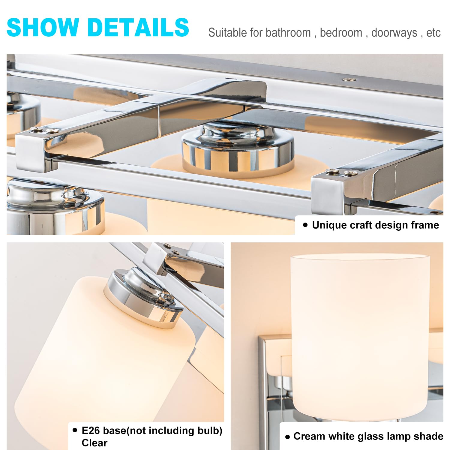 BrkNit 3-Light Chrome Bathroom Vanity Light Fixture Over Mirror with Milky White Glass Shades, E26 Socket - Model J0057-1