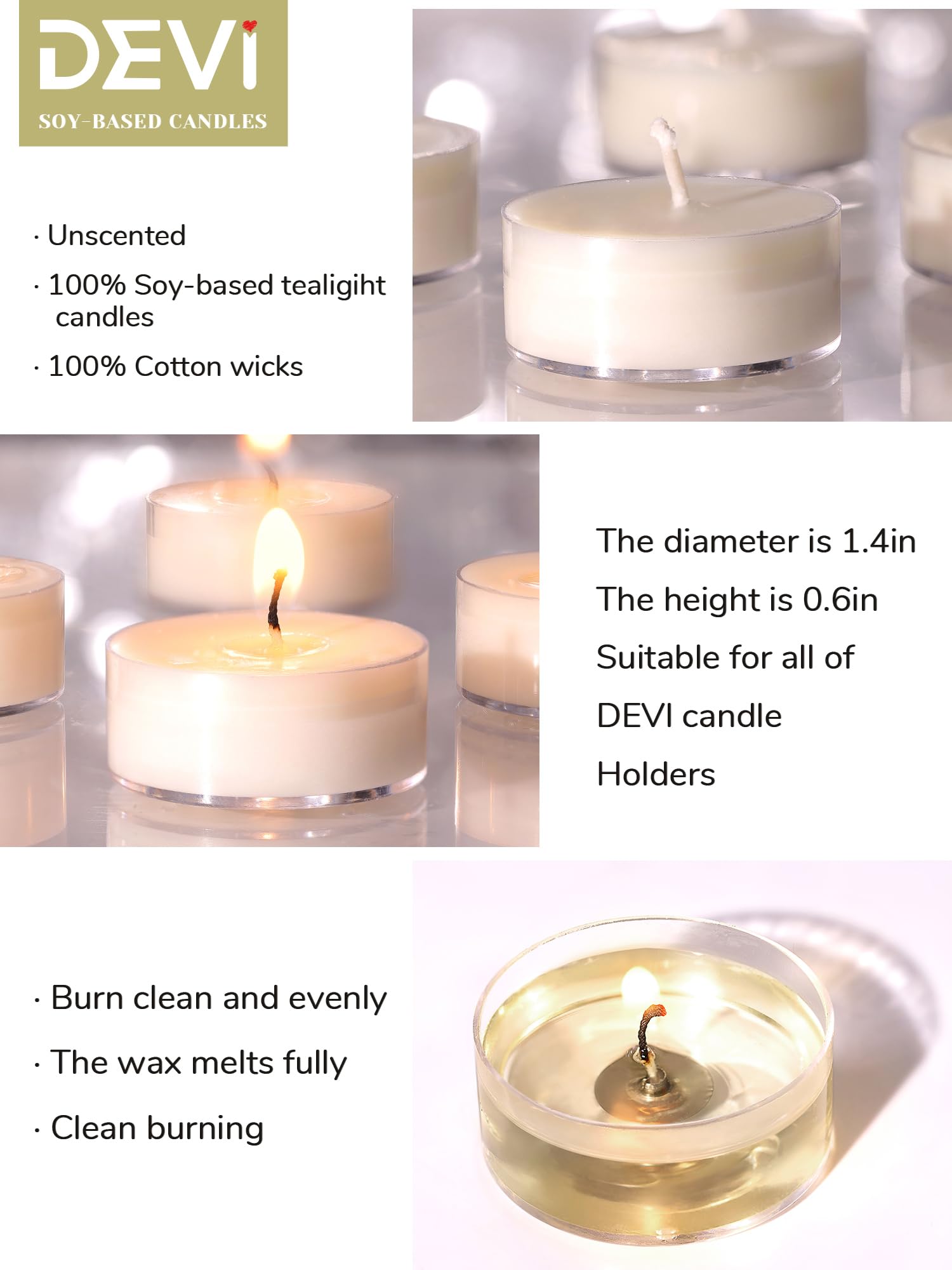 Devi Soy Wax Tea Lights Candles 100 Pack Paraffin-Free, Soy Tealight Candles Bulk-4 Hours Long Burning, Unscented White Small Tea Candles-Burn Evenly, Candles For Woman, Wedding Baby Shower Favors