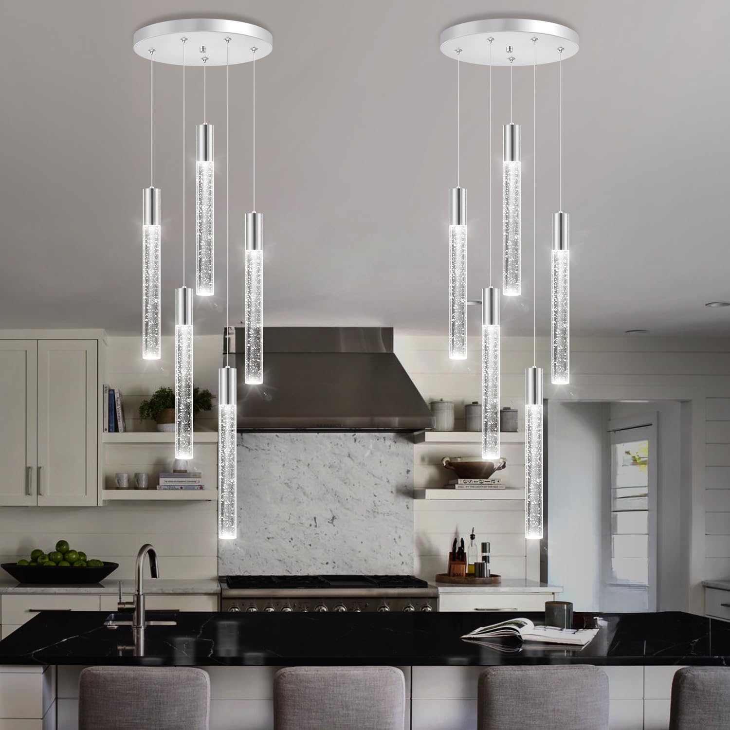 HAIXIANG 5-Lights Modern Crystal Chandelier, Dimmable Pendant Light, Stainless Steel, Silver, Model MMQ3810 for Kitchen & Dining Room