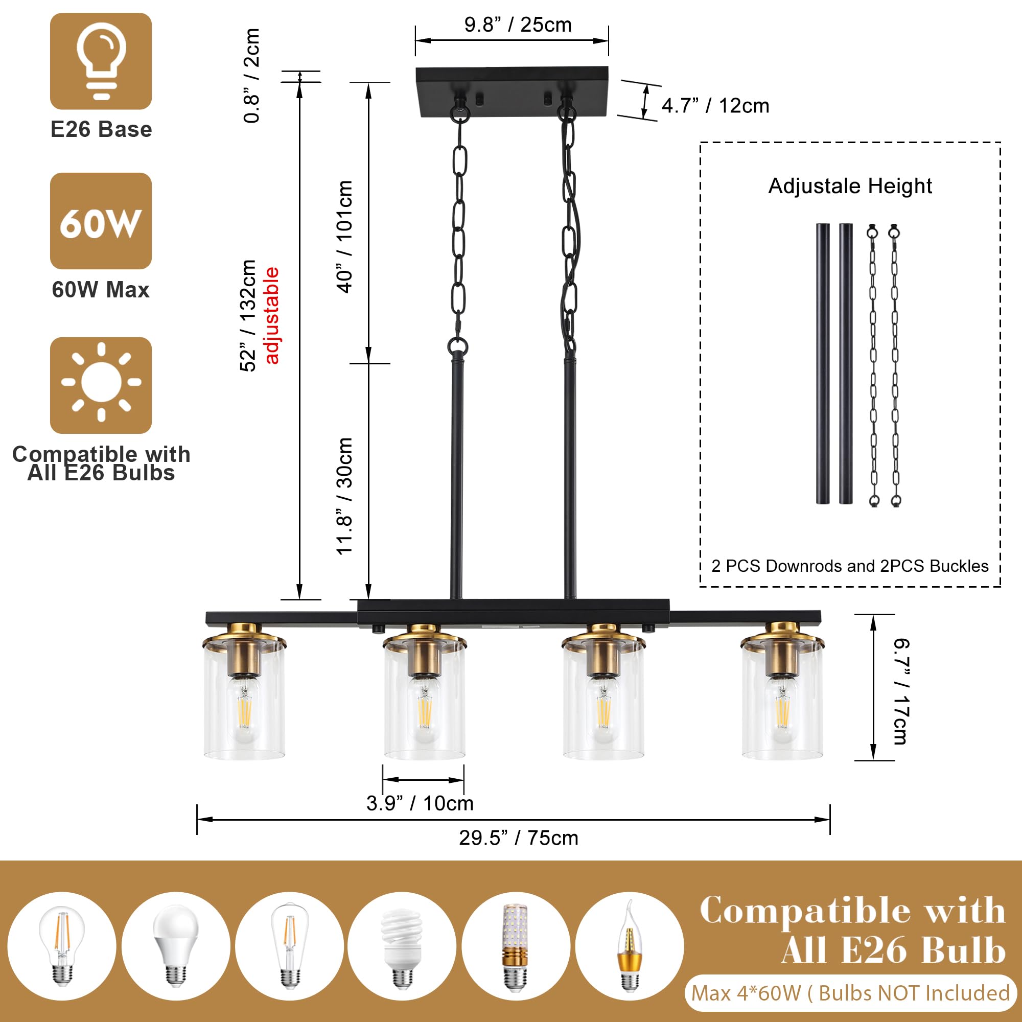 XvmBvm 4-Light Kitchen Island Chandelier, Modern Rustic Black & Gold with Clear Glass Shade, Model X3002-4