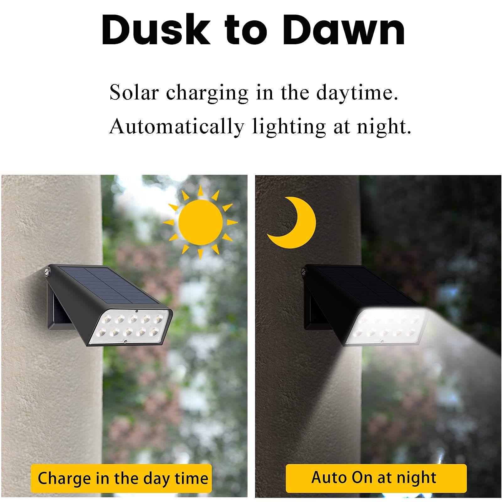 GUYULUX Solar Powered Patio Wall Light, Dusk-to-Dawn Sensor, 90° Rotatable, 2-Pack, Black, Model YUU-WL-0606