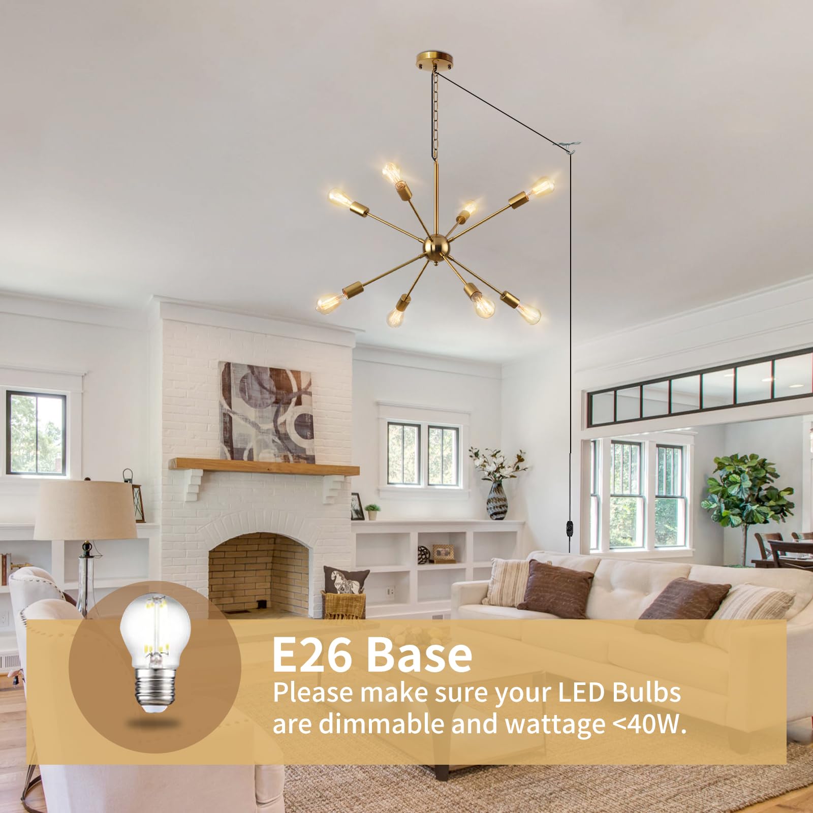 Hoxiya 26.3&quot; Dimmable Brass 8-Light Sputnik Chandelier, Modern Plug-In Pendant Light Fixture