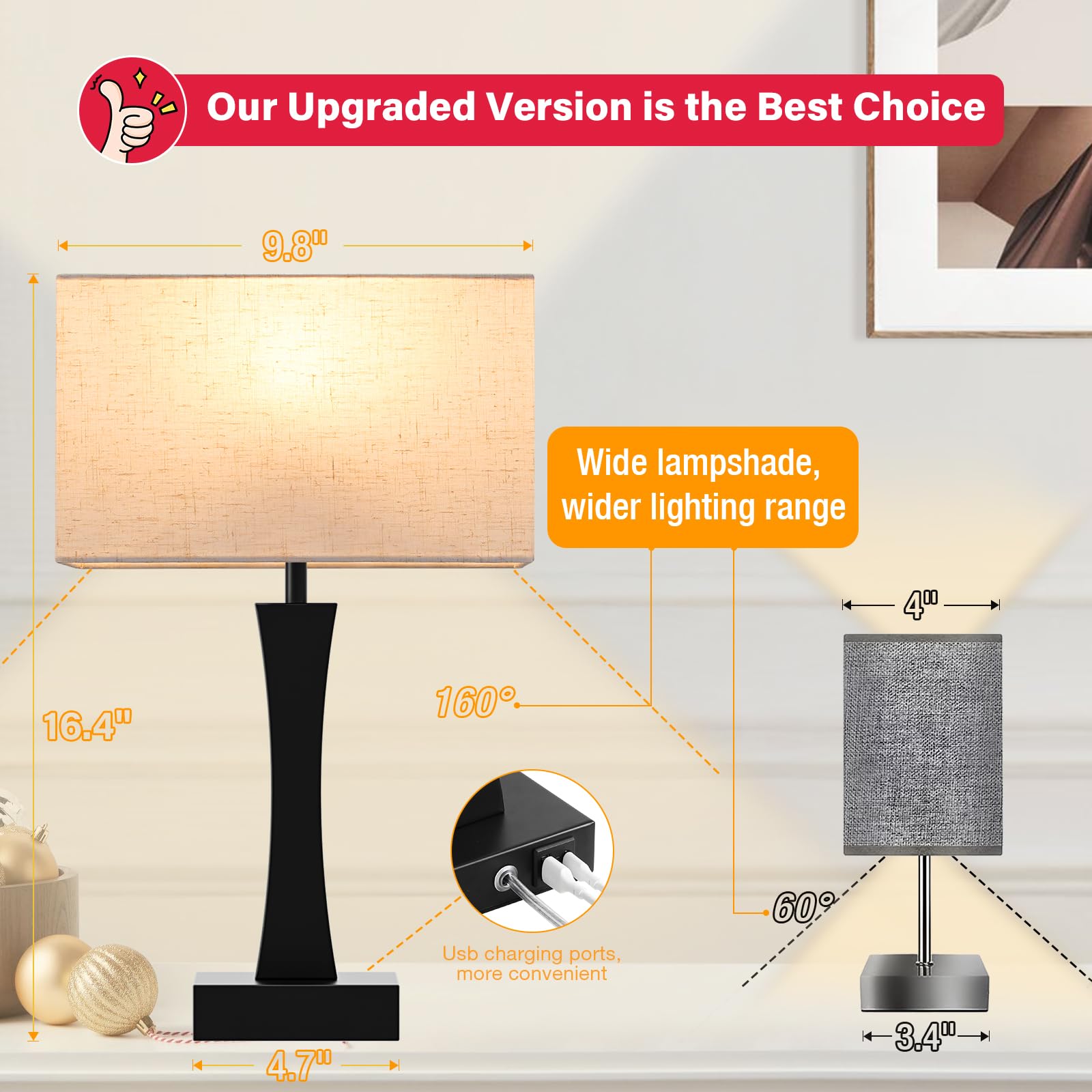 Seealle Bedside Lamps Set of 2 - 3 Way Dimmable, Metal, Cream & Black, Touch Control, USB C+A Ports, Model jinshumian3 3