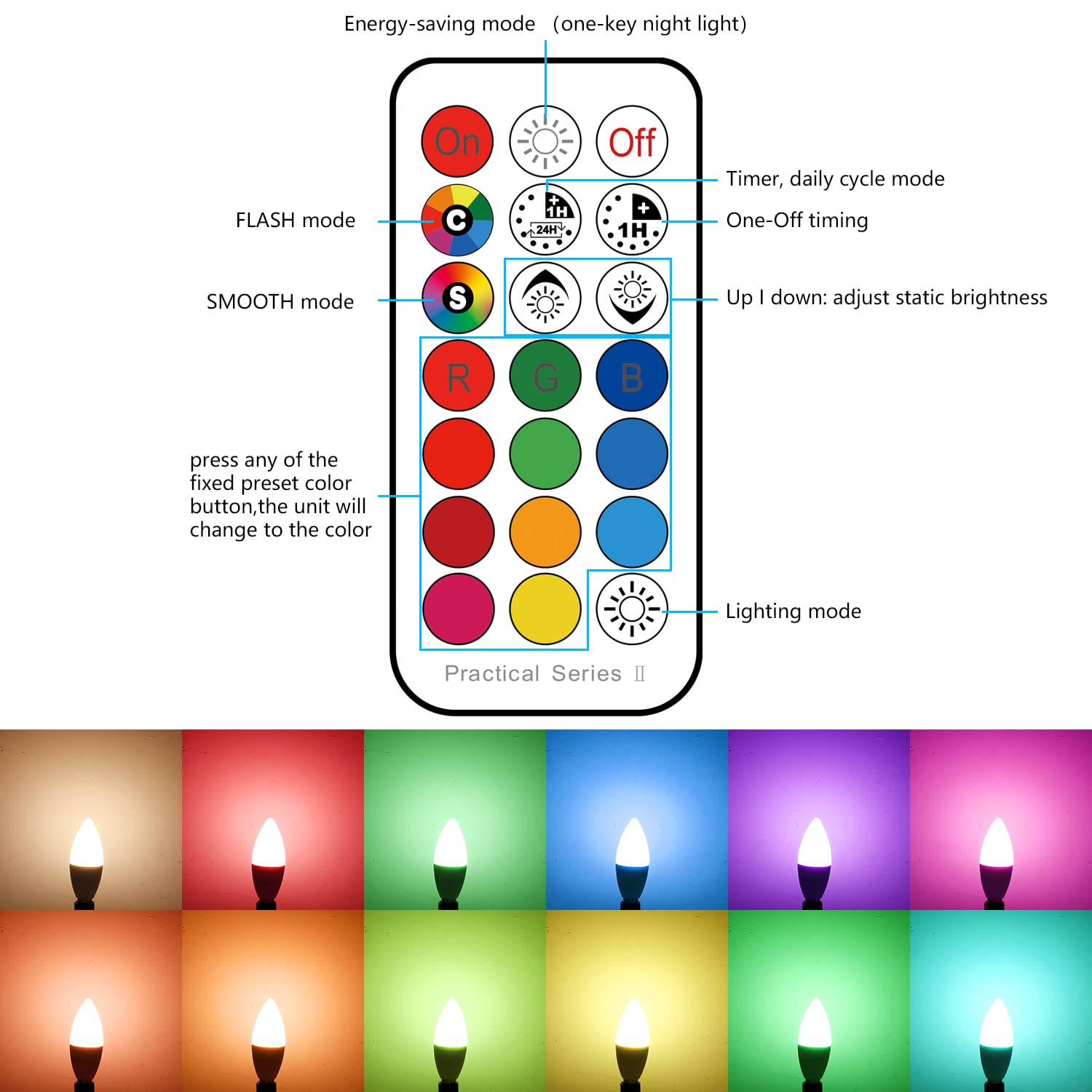 E12 Led Bulb Color Changing Candelabra Light Bulb With Remote Control,50W Incandescent Equivalent,560 Lumen,Warm White 2700K + 1