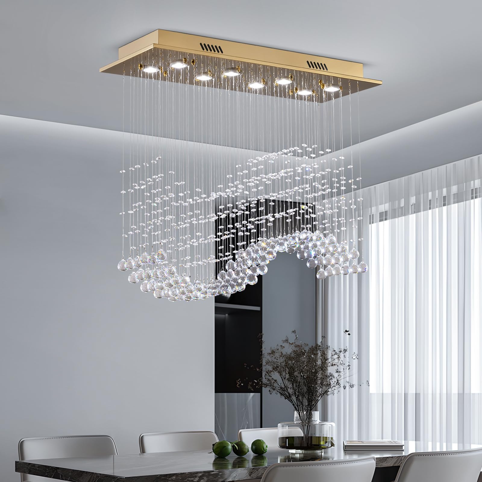 Siljoy 8-Light Modern Wave Crystal Chandelier, Gold Flush Mount, L31.5'' x W12'' x H28'', Model HLC04508G