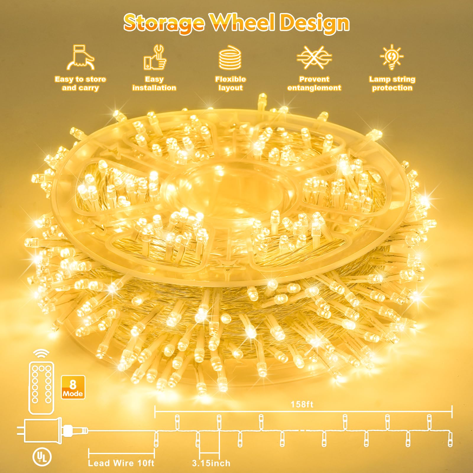 POTIVE 168ft 600 LED Warm White Christmas String Lights, Waterproof, 8 Modes, Outdoor Decoration, Model EXS-S-0100