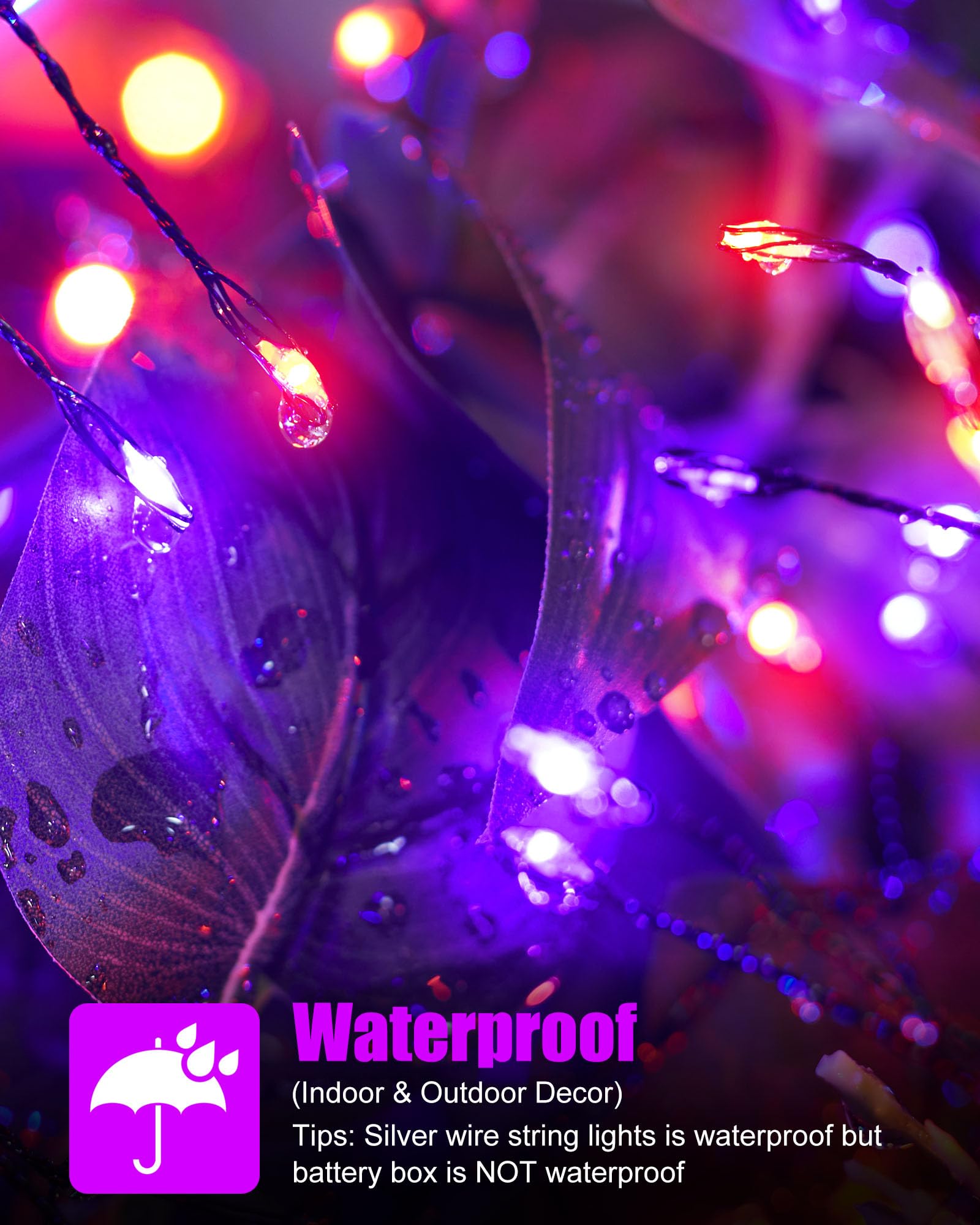 Fairy Lights Battery Operated  Twinkle String Lights Waterproof Silver Wire 5 Feet 60 Led Fire er Starry Lights For Diy Wreath Party Bedroom Mason Jar Indoor Halloween Decoration  Orange & Purple