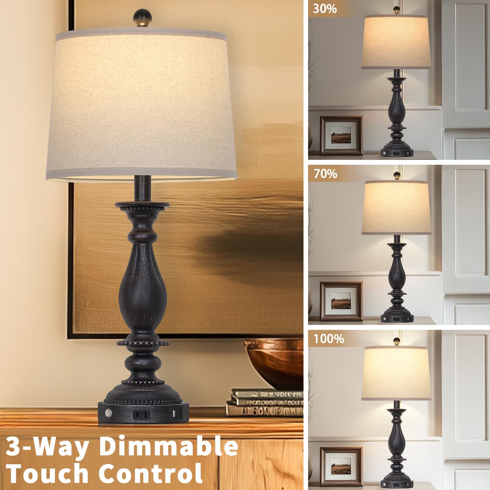 Cinsary 28'' Tall Farmhouse Table Lamps For Living Room Set Of 2,Vintage Rustic Black Bedside Touch Lamp With Usb C+A Ports & Ac