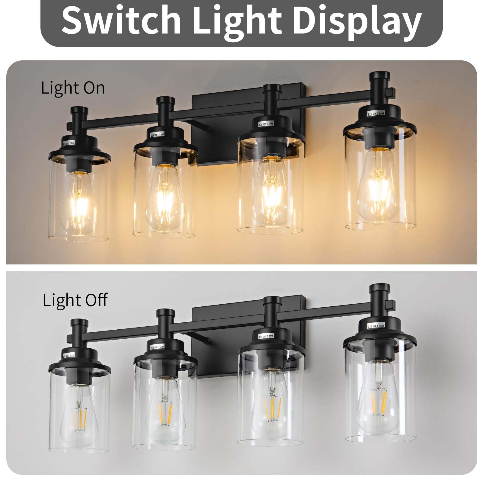 Aixialin 4 Lights Bathroom Light Fixtures, Bathroom Vanity Lights With Clear Glass Shades, Matte Black Bathroom Light Fixtures O