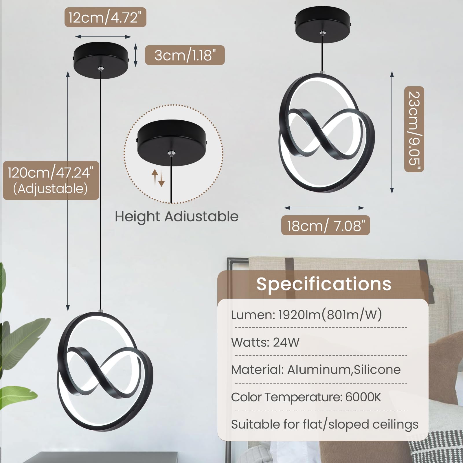 Sovinzert Modern Led Pendant Light Fixtures 6000K Pendant Lights Kitchen Island Lighting Adjustable Height Black Hanging Lamp For Dining Room Bedroom Living Room (1 Pack)