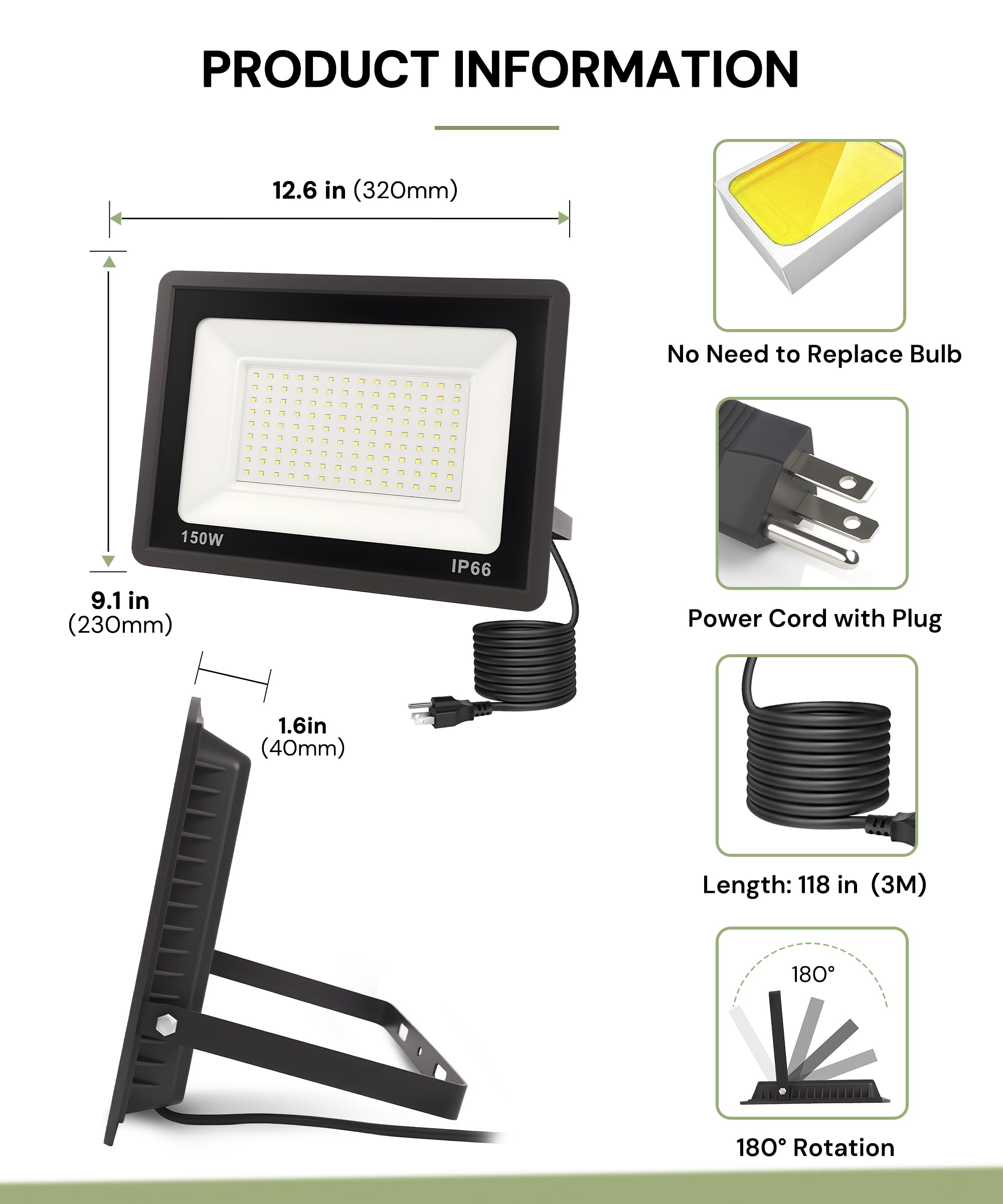 L Lohas Led Flood Lights Outdoor  150W Dusk To Dawn Outdoor Lighting  Ip66 Waterproof Plug In Floodlights  6000K Daylight Work Light  Security Lights For Yard  Garage  Ul Listed  2Pack