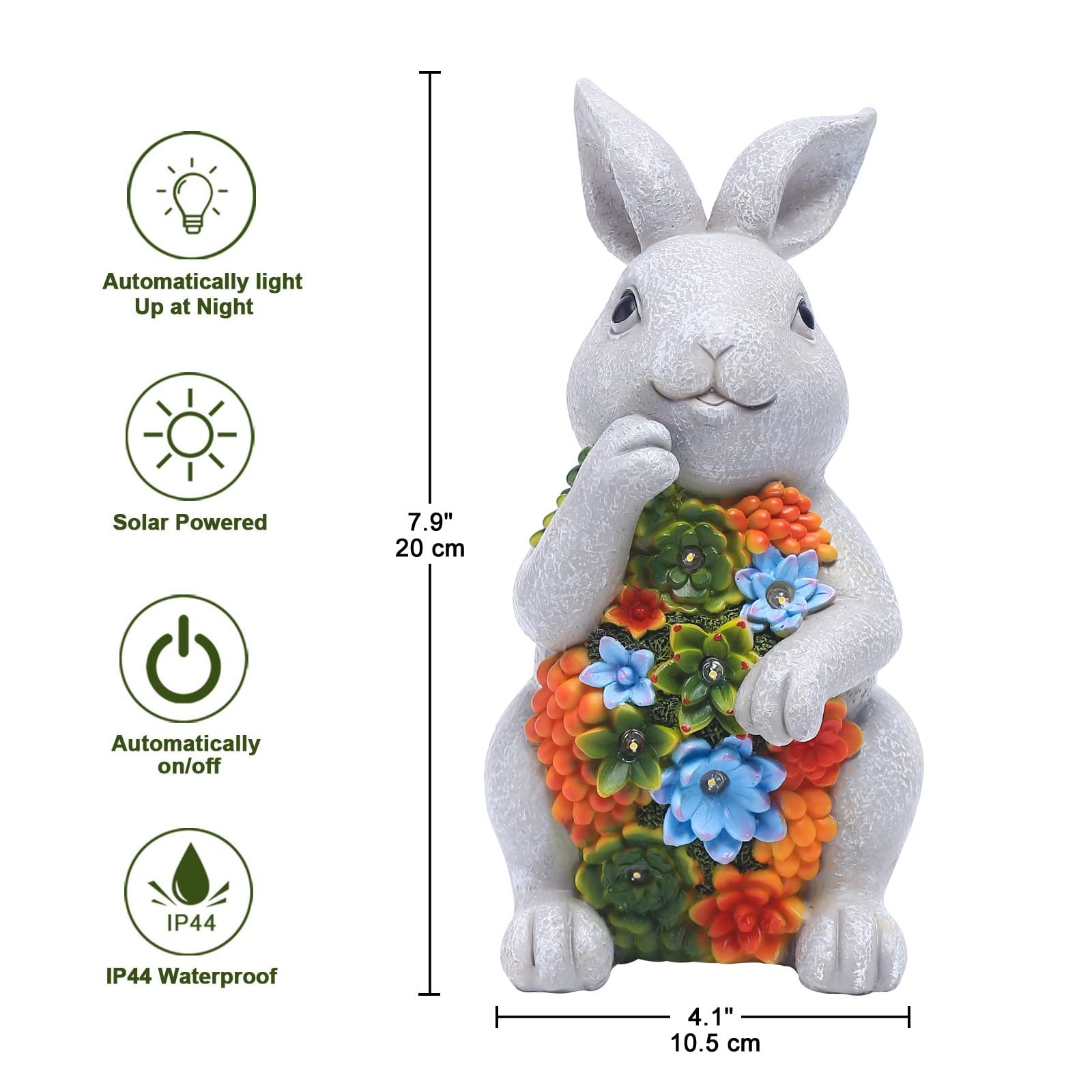 Nacome Solar Garden Bunny Statue With Succulent & Led Lights - Outdoor Lawn Decor, Light Grey