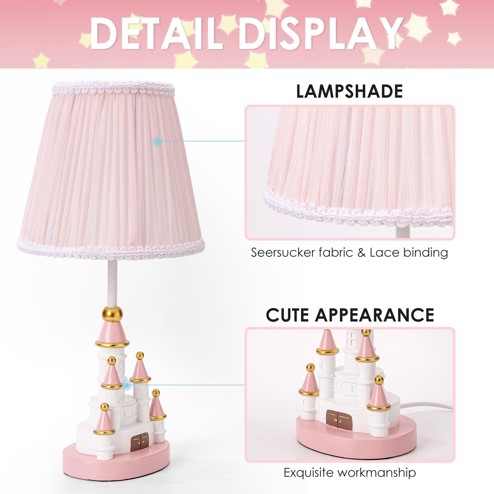 HERBESTBAY Kids Table Lamp - 14 Inch Pink Castle Style Desk Lamp with LED Bulb, Perfect for Girls' Bedroom Decor, Model HB-T8519R