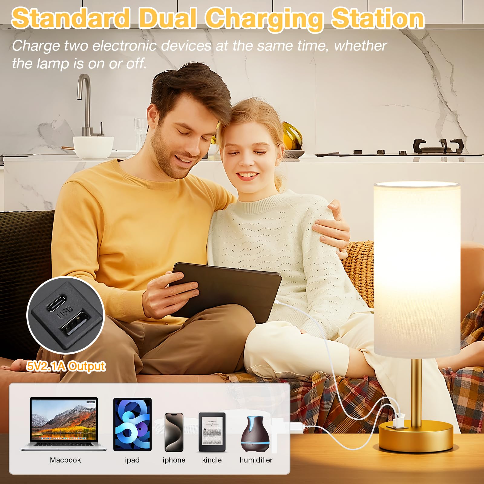 Dicoool Small Touch Bedside Lamp - 3 Way Dimmable, 14in Touch Control, White & Gold, Model 19-5