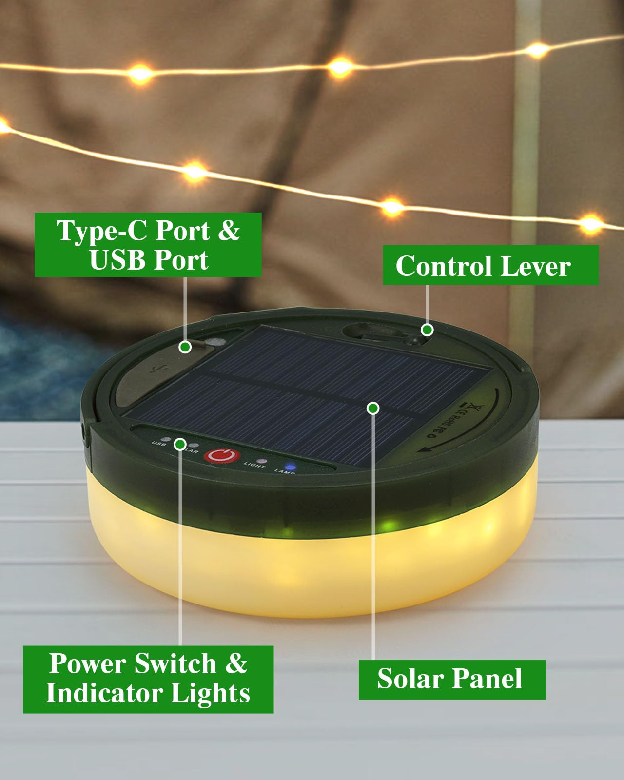 Anpro Solar Camping String Lights, 150 LEDs, 39.4ft, USB Rechargeable, Remote Control, White, Model ACANTY0101