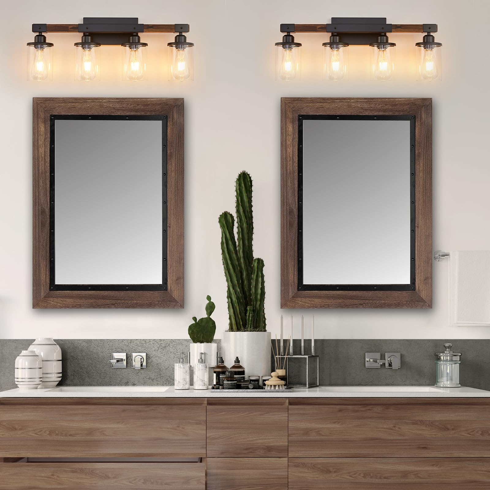 Feohak 3-Light Bathroom Vanity Light Fixture, Rustic Wood & Metal, Vintage Black, Clear Glass Shade, Model 70cd1d05-d28c-423e-8362-4