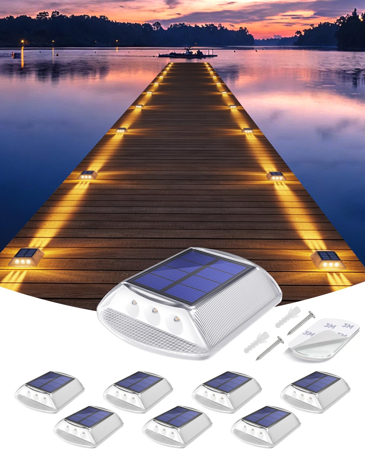DetarZinLED Solar Deck Lights Outdoor, 8 Pack Warm Driveway Lights Solar Powered, IP68 Waterproof Stick on & Screw Dock Light fo