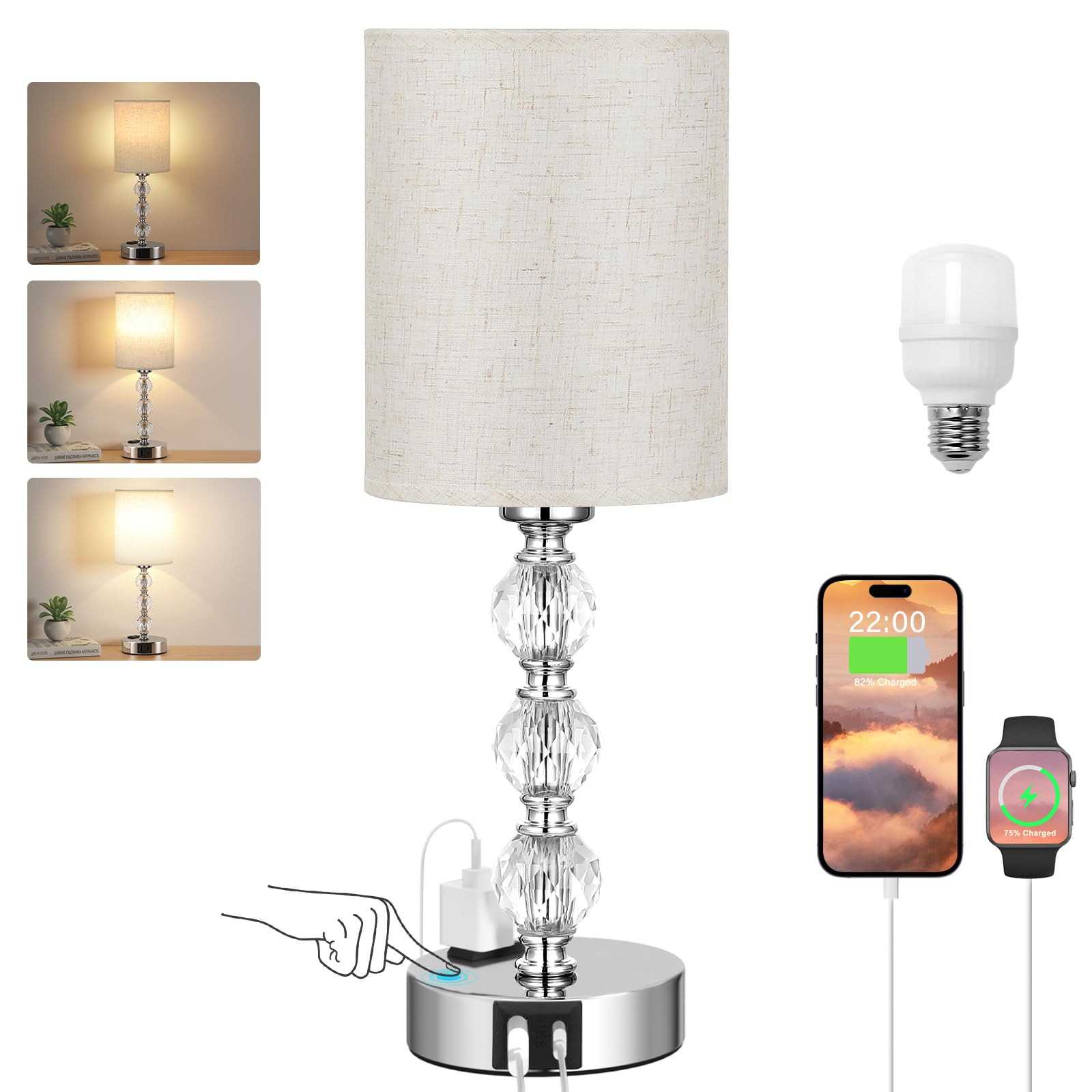 Acaxin White Crystal Table Lamp - 3-Way Dimmable With Usb C+A, 14.6In Nightstand Light For Bedroom, Living Room, Kitchen