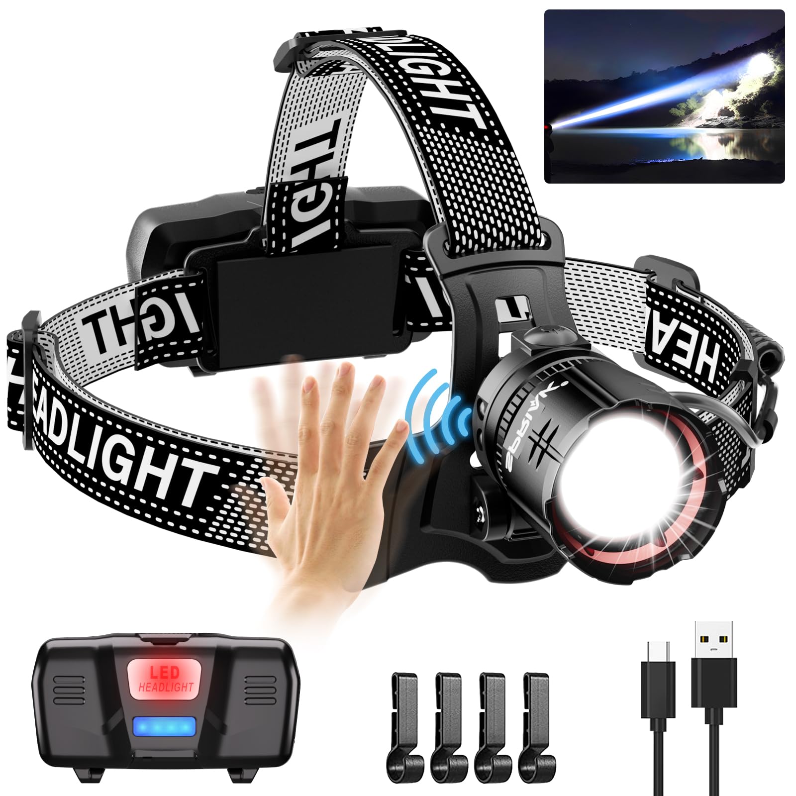 Spriak LED Headlamp, 100H Runtime, USB Rechargeable, 90° Adjustable, 5 Modes, Black, Model H2401, 1 Pack