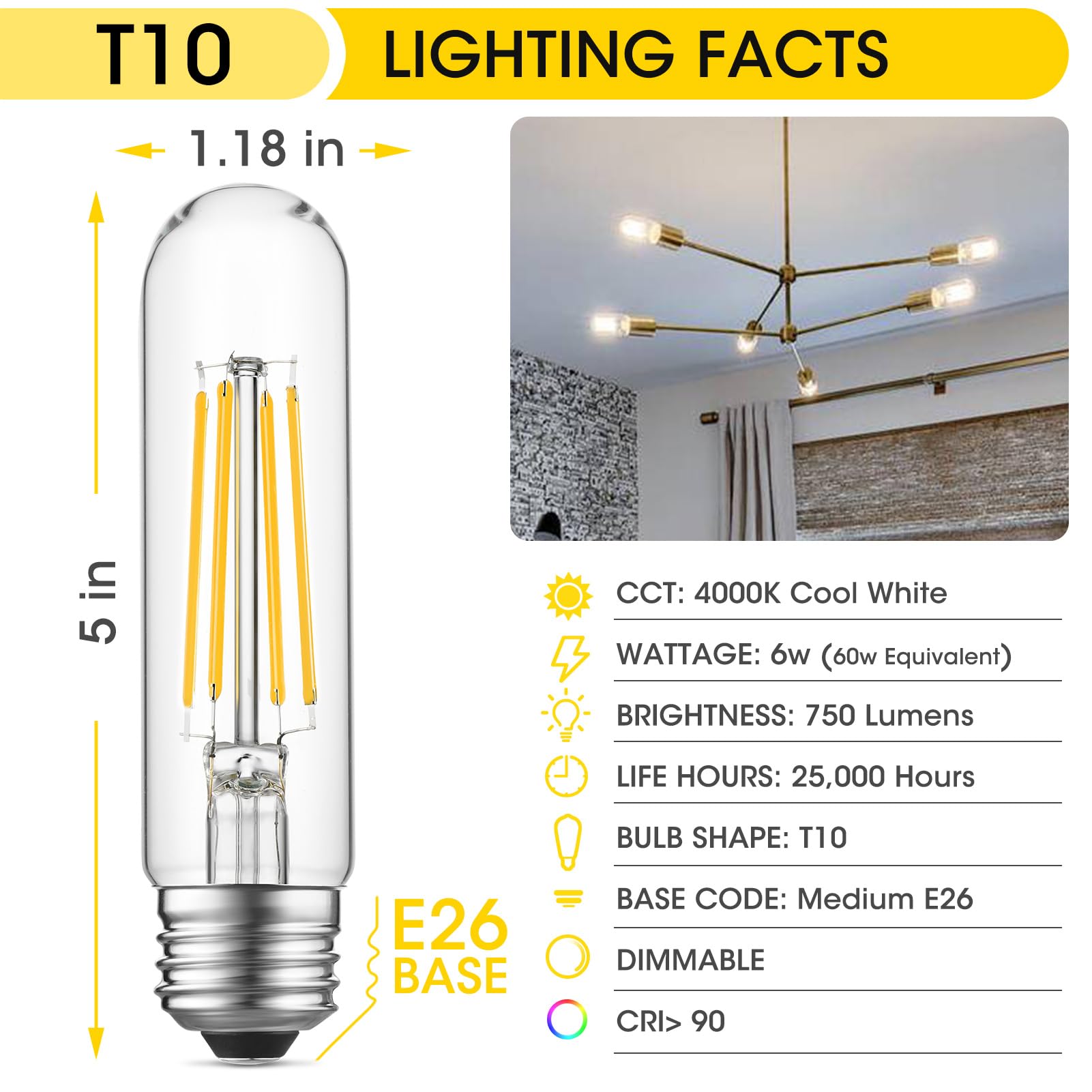 Gozelux Tubular Light Bulbs, T10 Led Edison Bulbs Cool White 4000K, E26 Base, 6 Watt Dimmable Vintage Led Bulbs For Desk Lamp, C