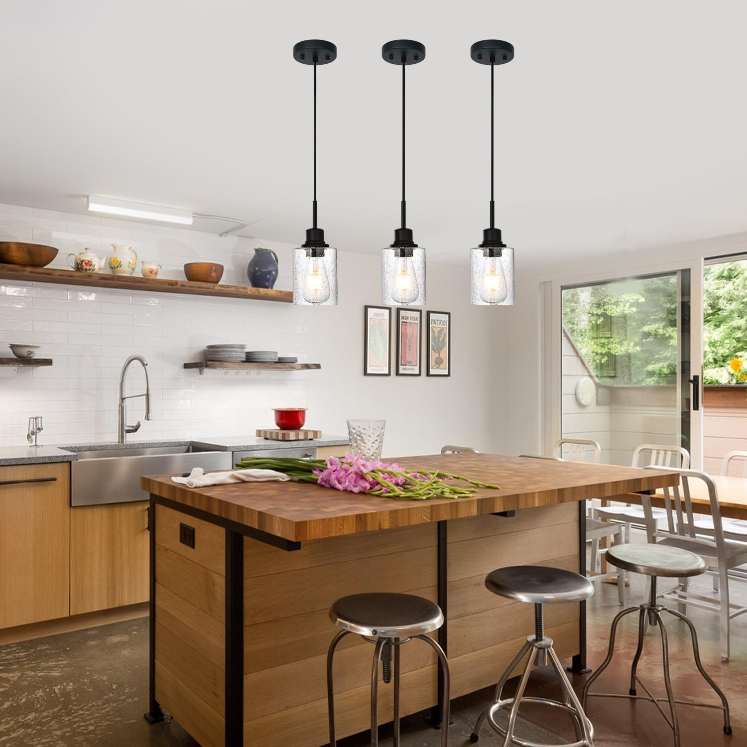 Pendrion Modern Farmhouse Mini Chandeliers 3 Pack Black Pendant Lights Kitchen Island With Seeded Glass, Dining Room Lighting Fi