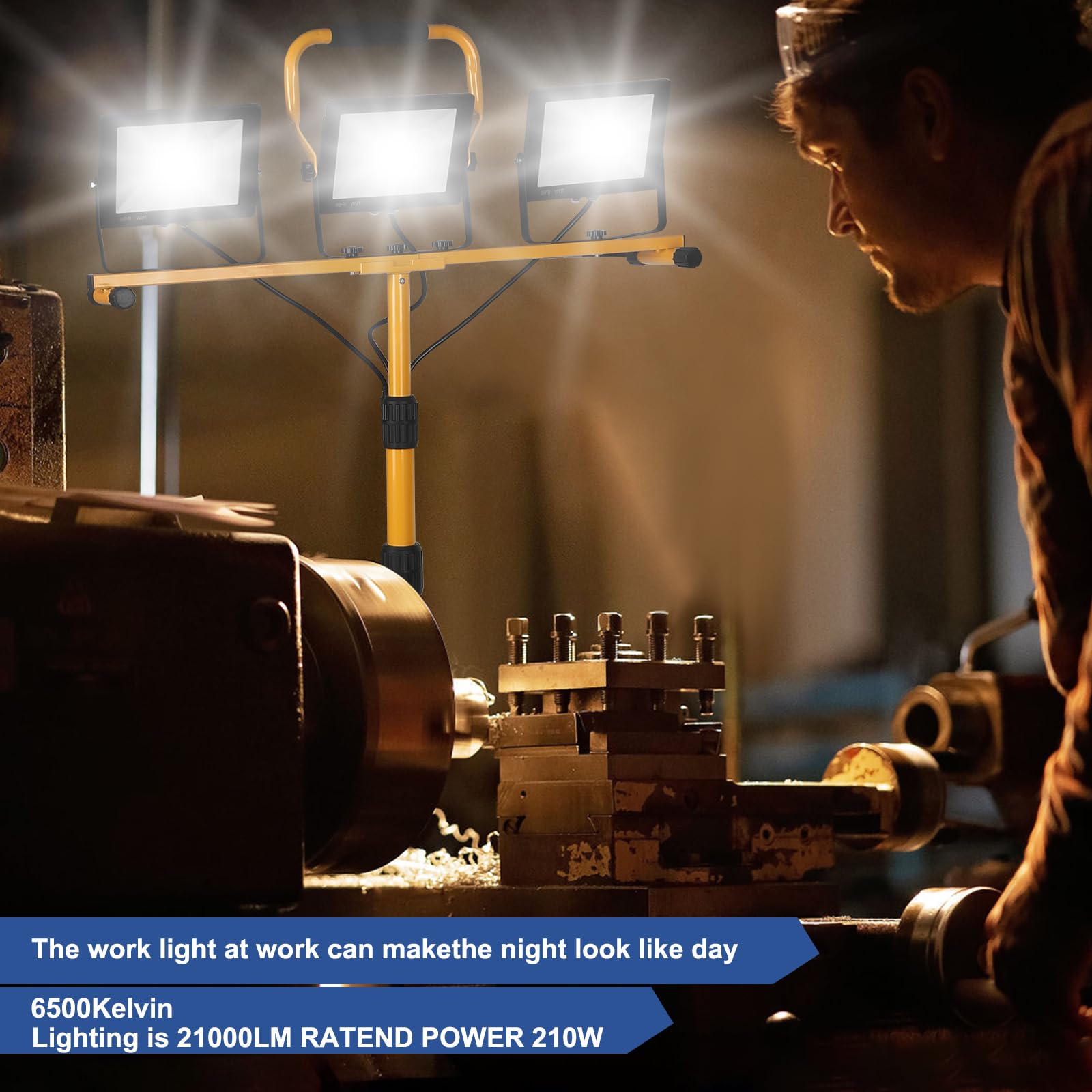 Jdzkomke 21000Lumens Led Work Lights With Stand, 3 Adjustable Work Lamp Head With Individual Switch, Ip66 Waterproof Tripod Work