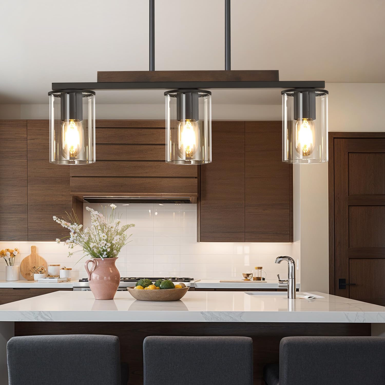Mecgirn Farmhouse Dining Room Light Fixtures Over Table  Black Pendant Lights For Kitchen Island  3 Light Linear Chandelier Lighting With Wood