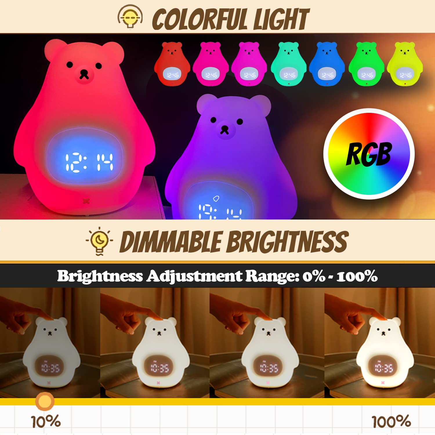 JROSING Bear Night Light for Kids, Cute Alarm Clock, Kawaii Stuff, Remote Control 7 Colors Children Silicone USB Rechargeable Po