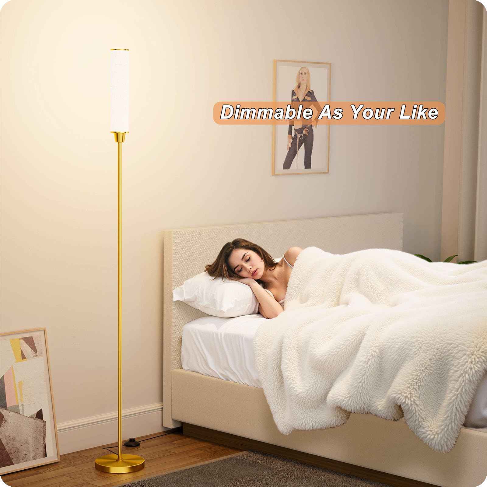 Nukanu Floor Lamp with Remote Control, Brassgold & Beige Linen, Stepless Adjustable 3000K-6000K, Model FLP-DHY