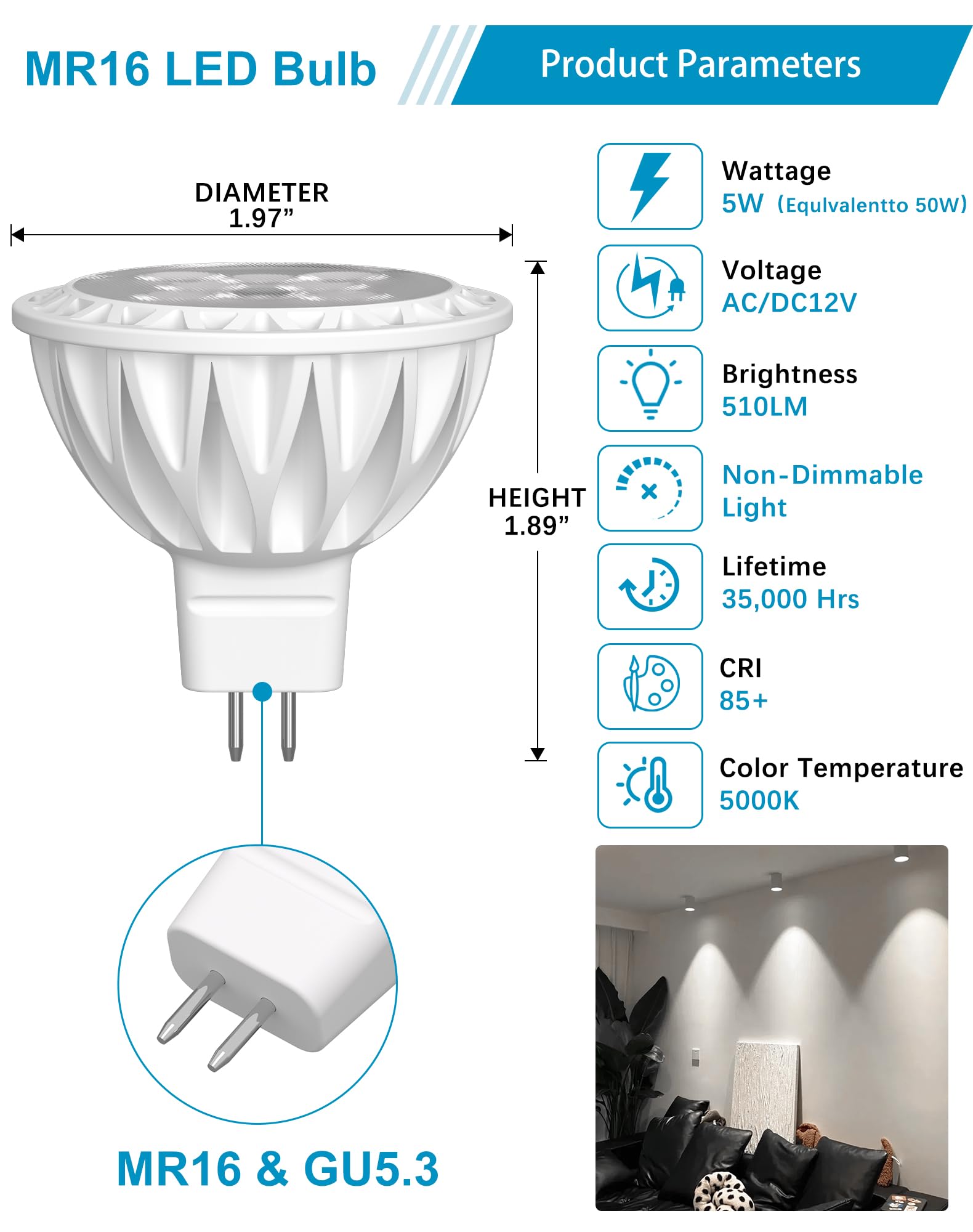 Gohdlamp 12 Pack Mr16 Led Bulbs, 50 Watt Equivalent Landscape Light Bulbs, 5000K Daylight White 5W Gu5.3 Mr16 12V Spotlight Bulb