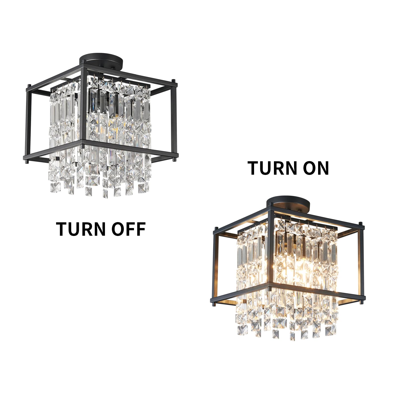Lmqnine 4-Light Black Metal Crystal Chandelier, 11.81&quot; Square Pendant For Dining Room & Kitchen