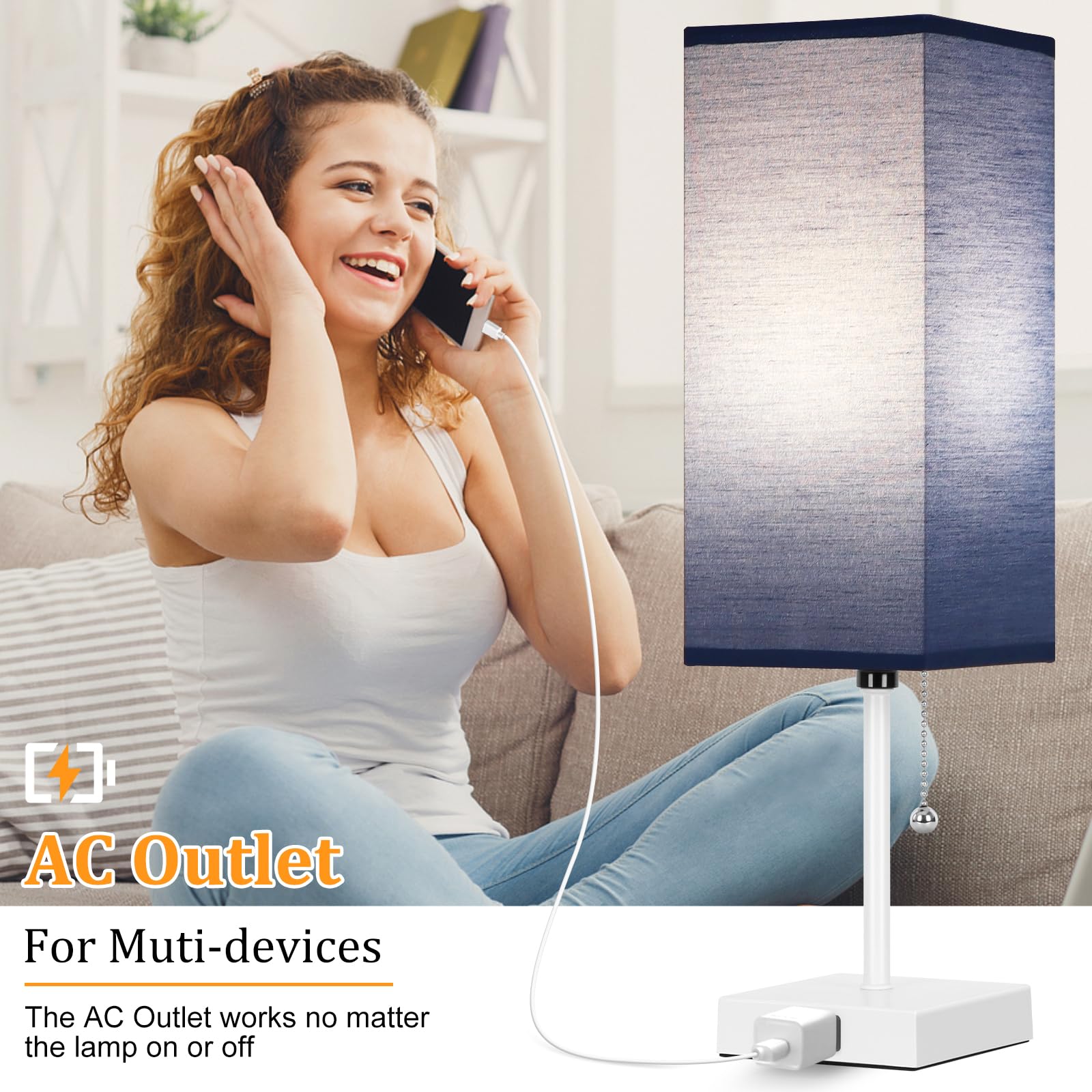 Dott Arts Table Lamp Set of 2, 18" White-Blue Plastic Lamps with AC Outlets and Pull Chain for Bedroom and Living Room Decor