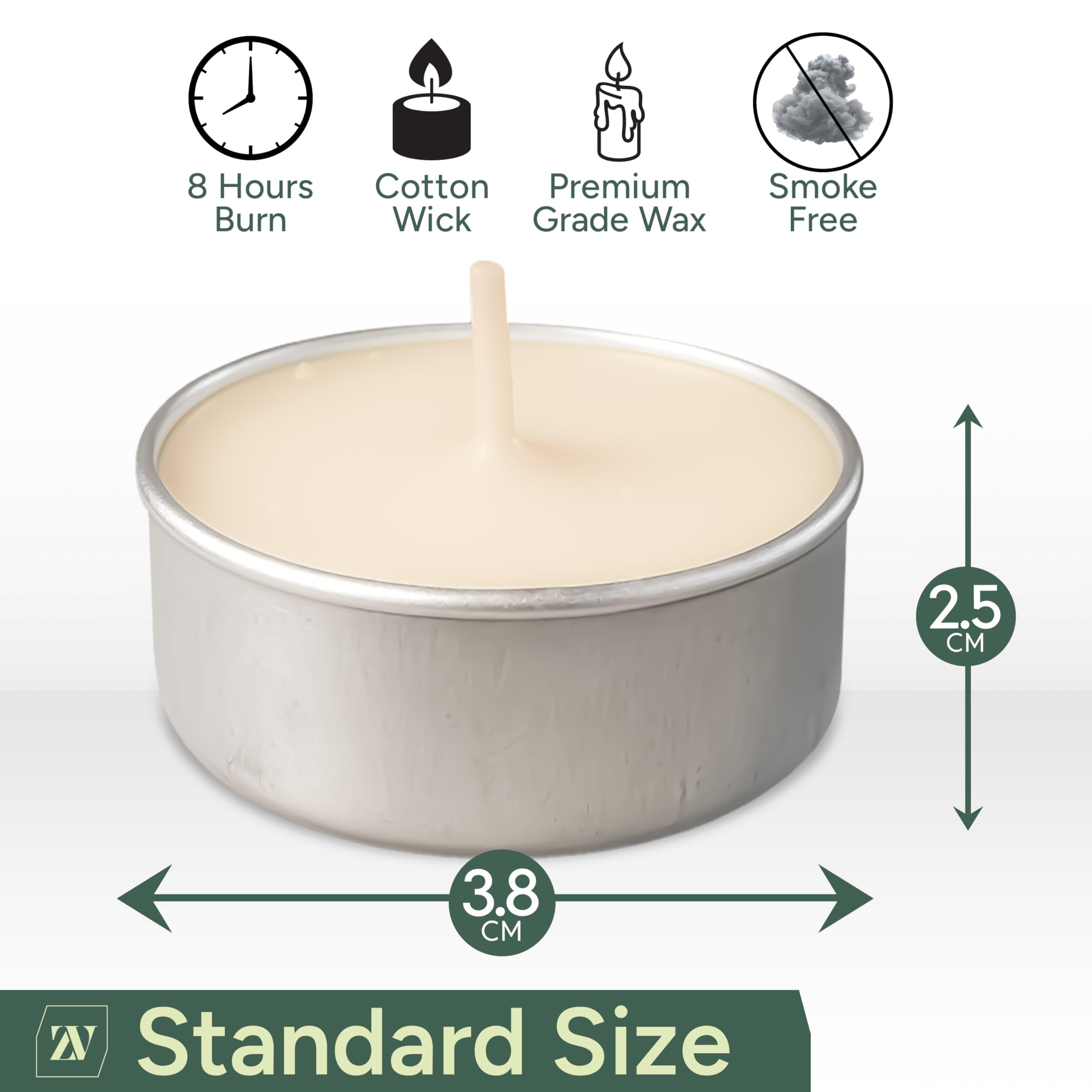 Zuvo 8 Hour Tea Light Candles - White Unscented 50 Pack, Long Lasting, Smokeless, 3.8 x 2.3 CM, Model 90126C