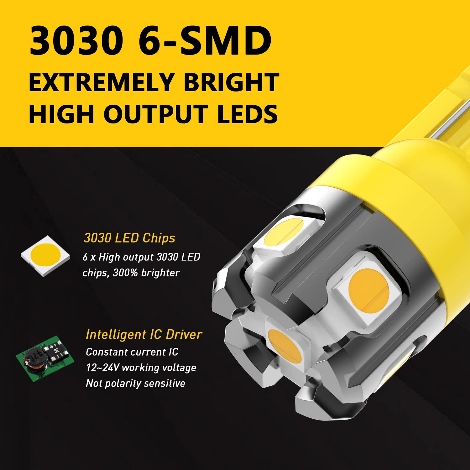 PHINLION LED Light Bulb T10 W5W Amber Yellow 3030 Chipsets Model Phinlion-T10-3030-6SMD-Y for Car Interior Lighting