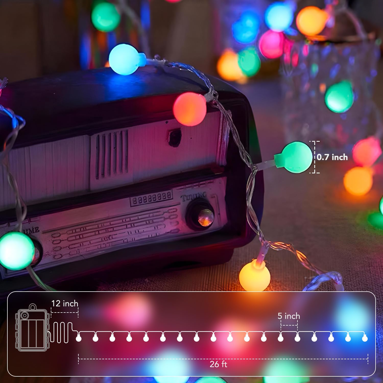 Tasodin Mini Globe String Lights, 64 LED, Battery Operated with Remote, 26 FT, Multicolor, Model YBL-002