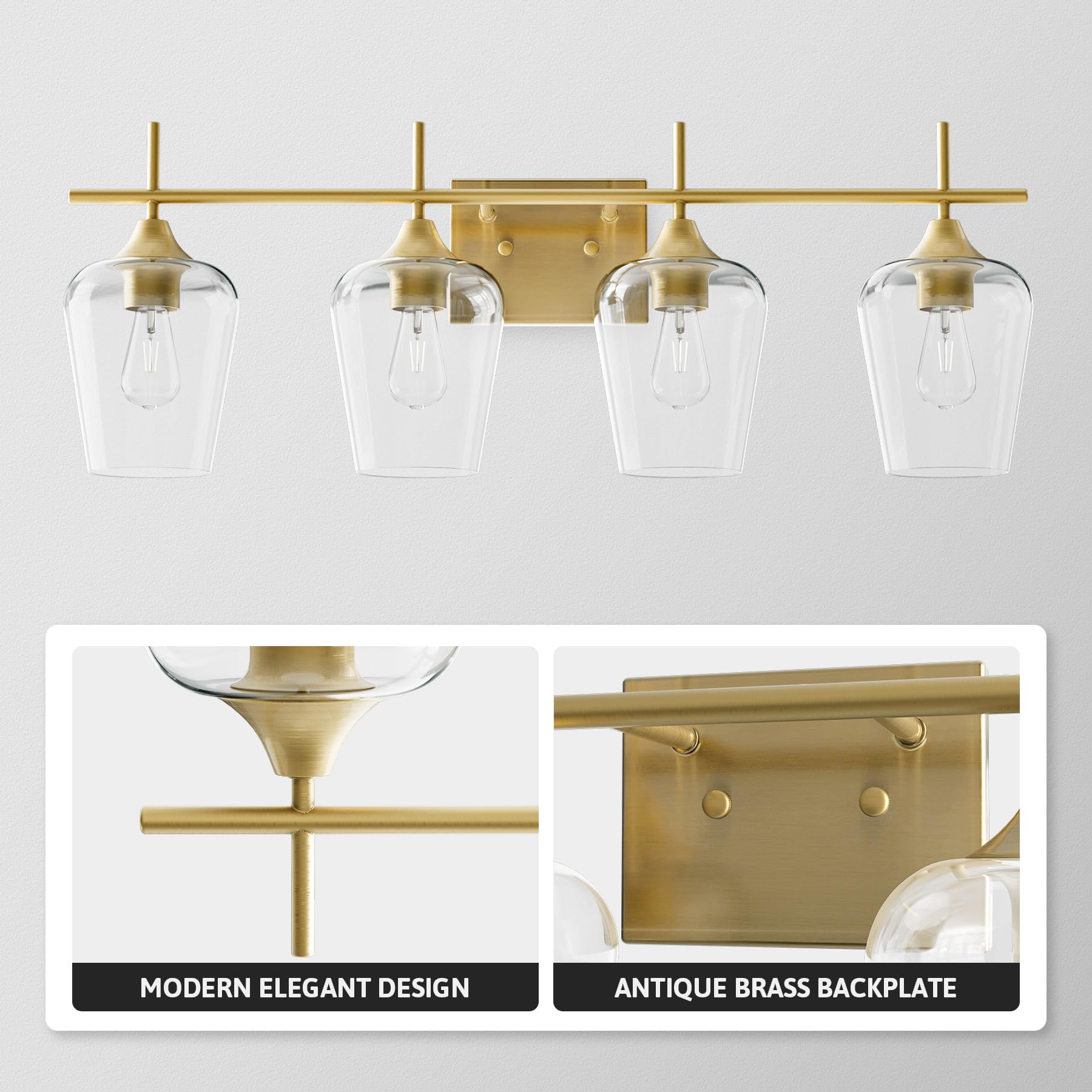 VONLUCE 4-Light Bathroom Vanity Light Fixture, Modern Gold Wall Lamp with Clear Glass for Mirror, Model HCF2804GD