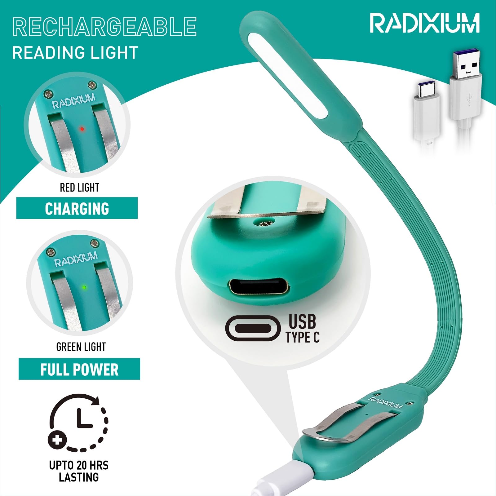 Radixium Slim Rechargeable Book Reading Light  Eye Caring Led With 4 Color Temperatures  Portable Clip On Book Light For Reading In Bed & Travelling. Prefect Elegant White Gift For Book Lover.(Green)