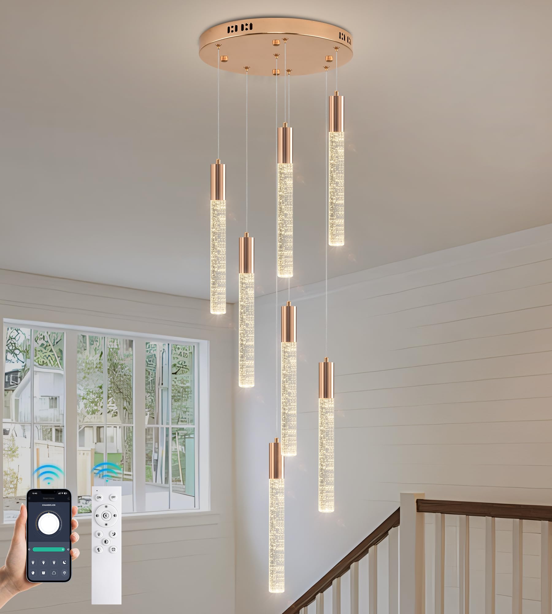 Upfelw Modern High Ceiling Crystal Chandelier 7-Lights  Spiral LED Raindrop Foyer Pendant Lighting  Bubble Staircase Living Room Hanging Light Fixture Flush Mount Gold