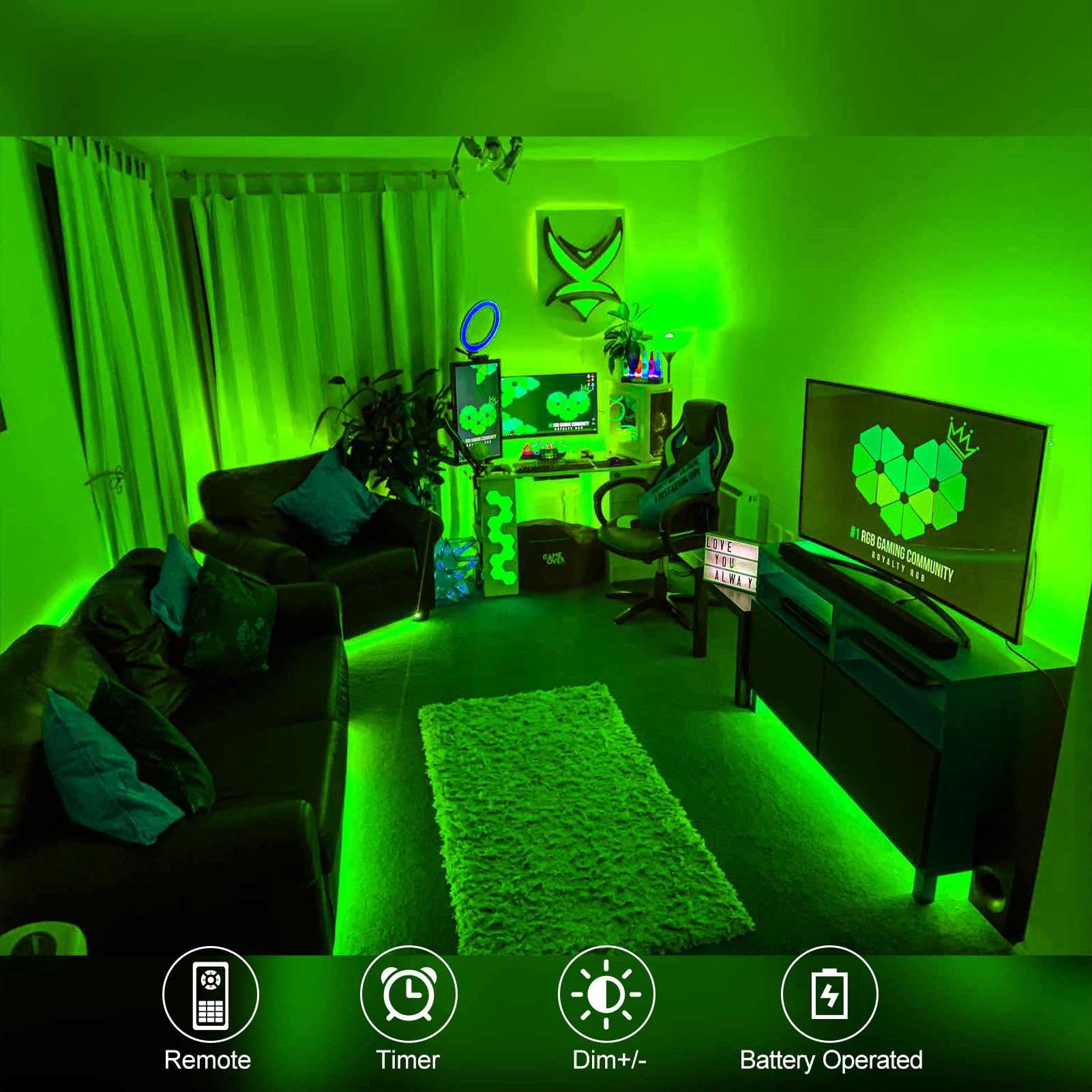 Echosari Green Led Strip Lights Battery Powered, 90 Led 2835 Smd Strip Lights 9.8 Ft Cuttable Self-Adhesive Strip Lights With Remote Timer For Outdoor Indoor Party Bedroom Decoration