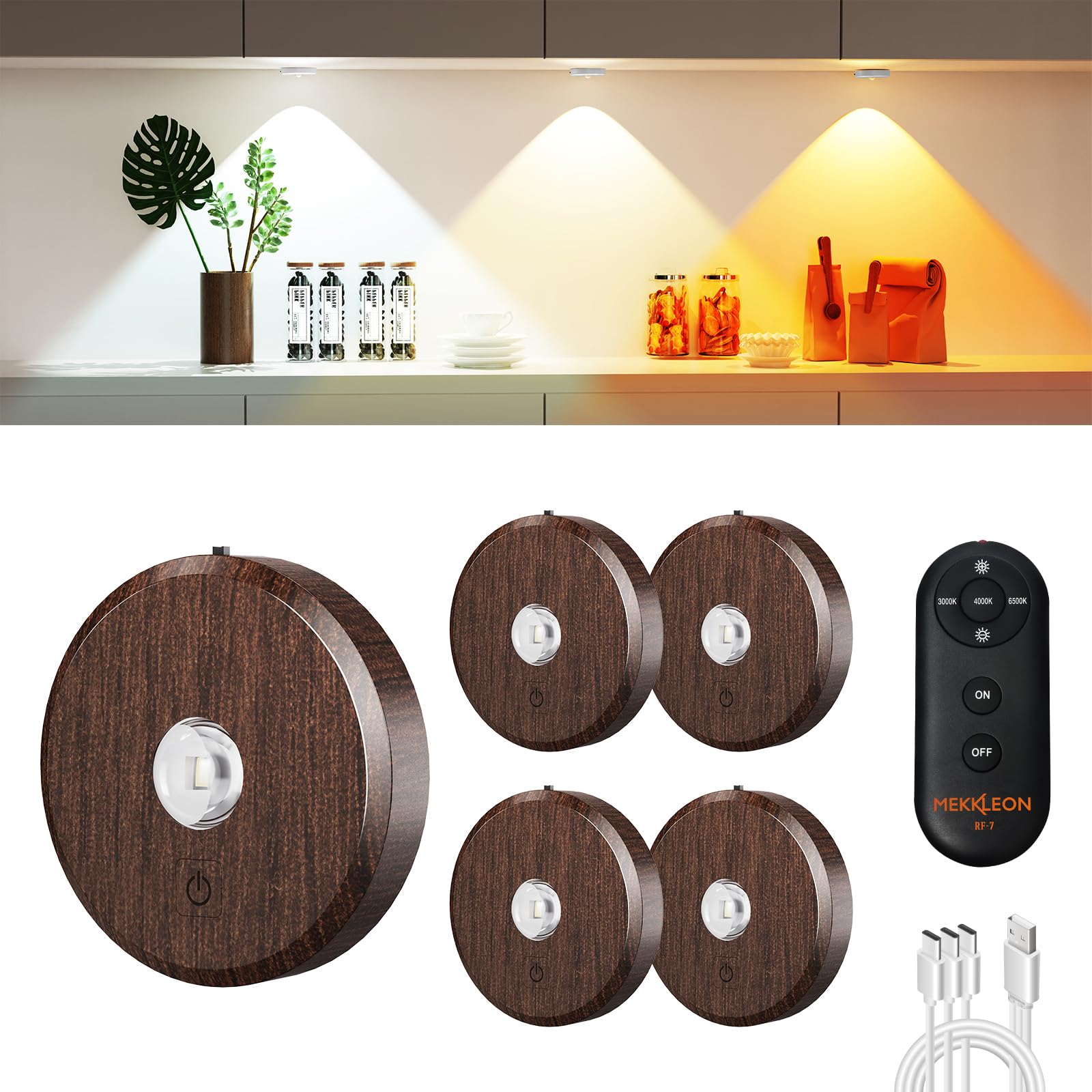 Mekkleon Puck Lights With Remote Control Rechargeable,Wireless Under Cabinet Lighting,2000Mah Battery Operated Tap Push Touch Lights,Stick On Lights For Counter,Shelf,Bookcase (Wood Color, 5 Pcs)