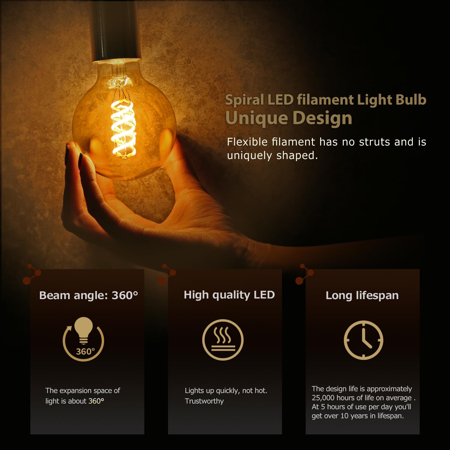 G25 Globe Light Bulbs, Antique Flexible Spiral Led Filament Light Bulb, Vintage Edison Bulb,6 Pack, Warm White 2500K,6W Equivale