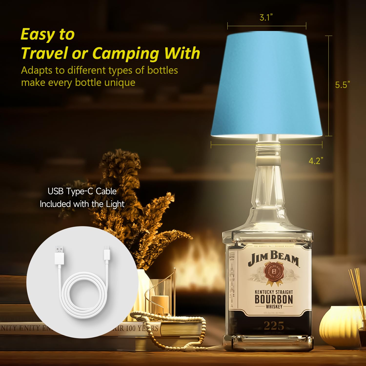 Hoide Wireless Bottle Lamp - LED Night Light Kit, Rechargeable, 5.7in, Light Blue, Plastic