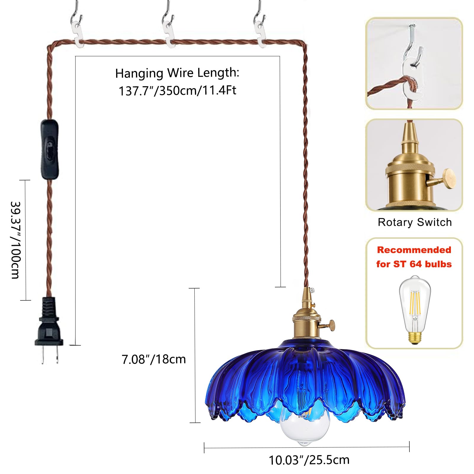 Xzhgcee Plug In Pendant Light: Hanging Light Plug In Fixture Bule Glass Hanging Lamp  Pendant Lighting For Kitchen Island  Bedroom  Dining Room  Living Room  E26 No Bulb