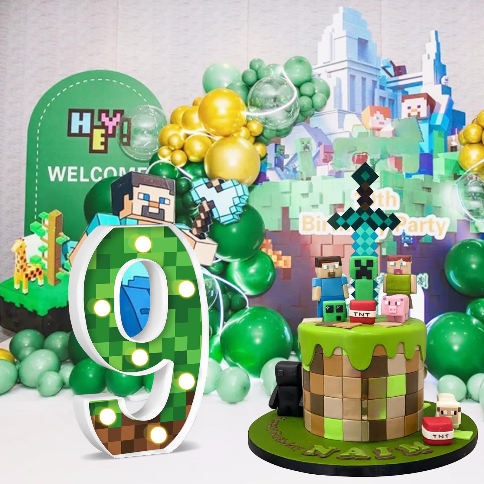 AXBMM Pixel Game Light Up Sign, Number 9, 8.5in LED Birthday Decoration, Green/Brown, Model XY-371