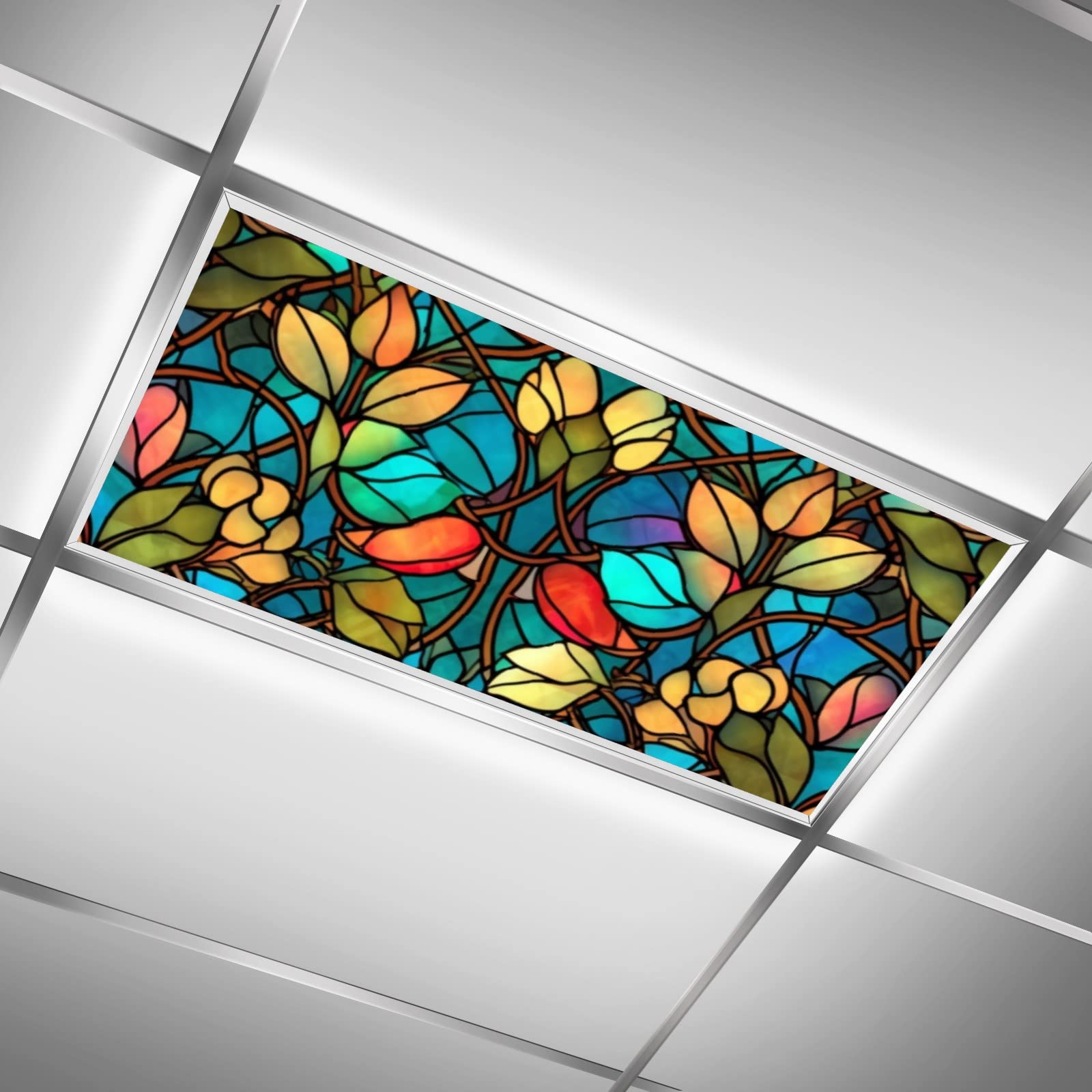 MSINMKOK Colorful Retro Stained Glass Floral - Fluorescent Light Covers - 2x4 Drop Ceiling Fluorescent Decorative Ceiling Light 
