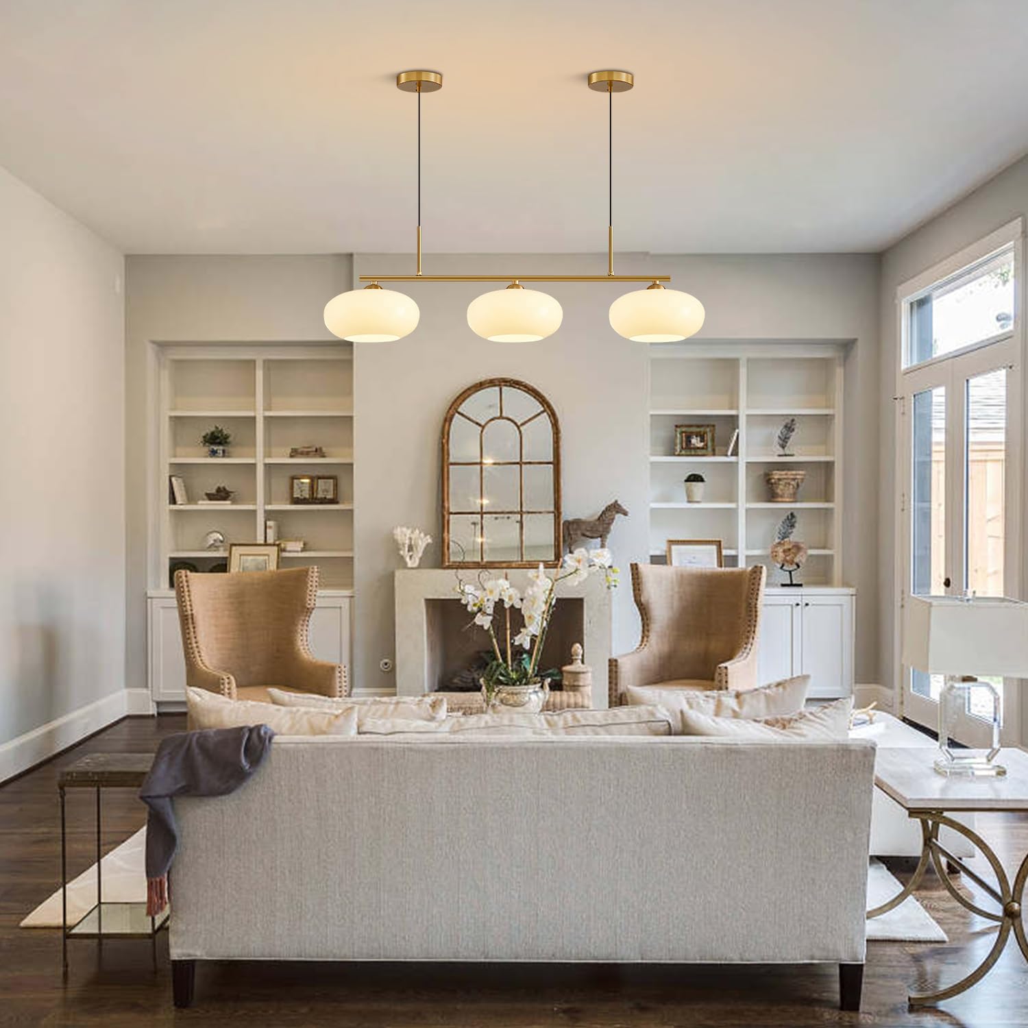 KCO 3 Light Linear Pendant Lighting Milk Glass Brass Gold Modern Chandelier Fixture L1142-G